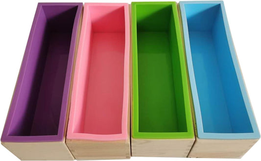 4 Pcs Flexible Rectangular Soap Mold Silicone Molds with Wood Box Soap Loaf Making Supplies DIY Tool for Making Craft(Purple, Green, Blue, Pink)