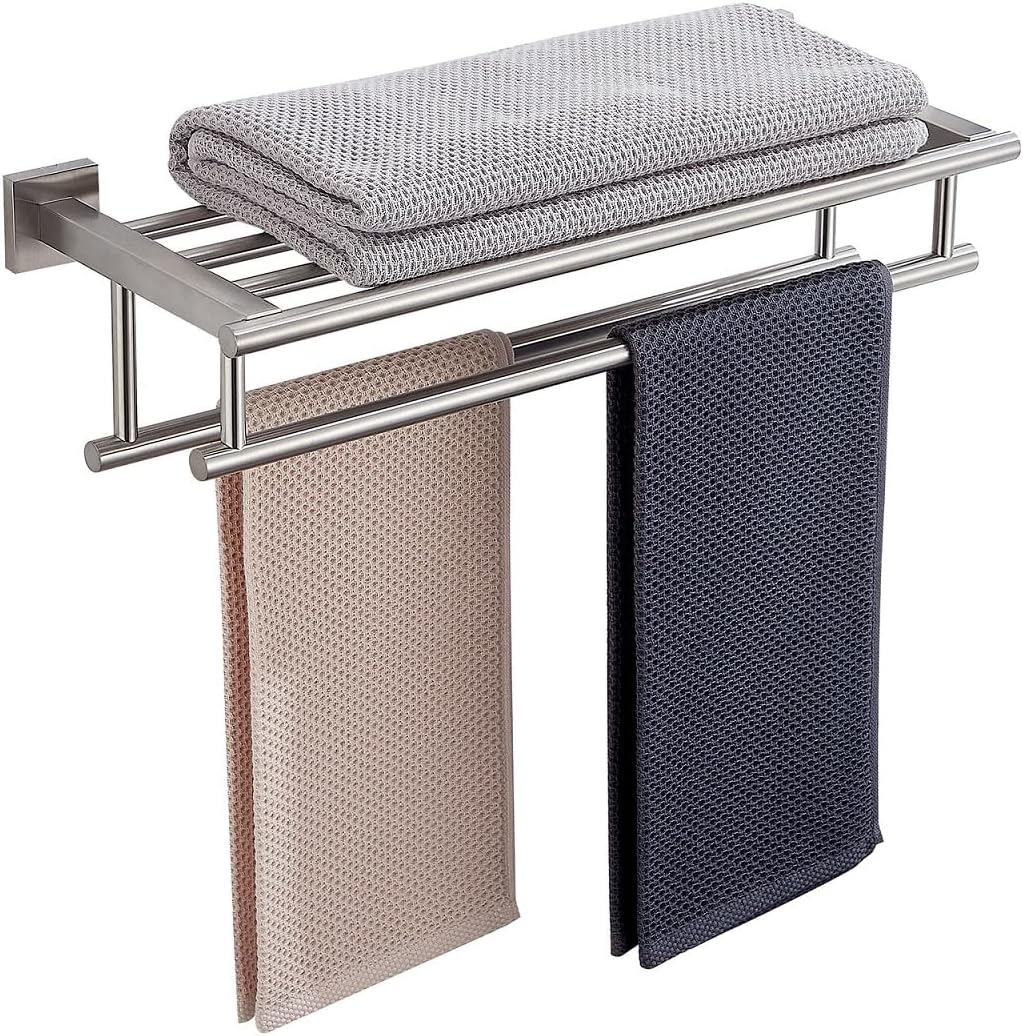 Bathroom Towel Rack 24 Inch Tower Holder with Double Towel Bar Brushed Nickel Towel Rack Wall Mounted SUS304 Stainless Steel Hotel Towel Shelf Modern Towel Hanger