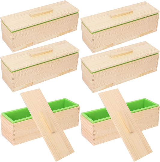 6 Packs 42oz Soap Loaf Wood Box for Soap Making, Green Premium Silicone Loaf Soap Mollds with Wooden Box and Lid, Ideal for Large Size Homemade Soaps, Flexible and Heat Resistant