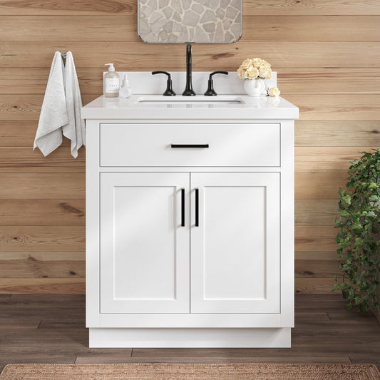 ARIEL 31" Bathroom Vanity with Single Sink, White Bathroom Vanity Cabinet, Quartz Top 1.5" Edge, Solid Wood, Undermount Bathroom Sink, 2 Soft Closing Doors, 1 Tip-Out Drawer, Hepburn Collection