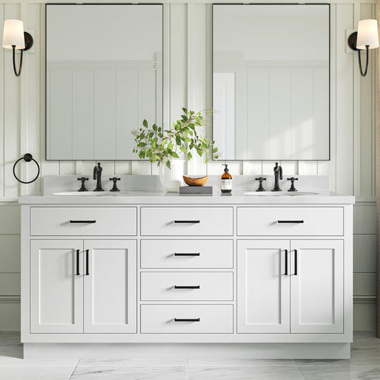 ARIEL 73" White Double Vanity, 1.5" Edge Pure White Quartz Countertop & Splash, Oval Sinks, 4 Soft Closing Doors, 6 Full Extension Dovetail Drawers, Toe Kick, Matte Black