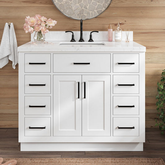 ARIEL Hepburn 42 Inch Single Sink Bathroom Vanity in White, 1.5" Edge Carrara Quartz Top, Solid Wood, Rectangular Sink, 2 Soft Closing Doors, 9 Full Extension Dovetail Drawers, Toe Kick