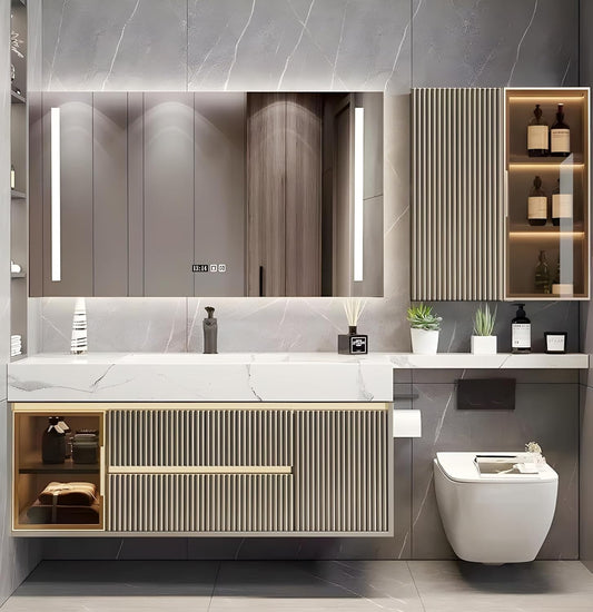 Single Sink Bathroom Vanity, Modern Bathroom Vanity Set Include Smart Defogging Mirror & Toilet Mirror Cabinet & Extended Countertop, Wall-Mounted Bathroom Vanities with Integrated Sink (68")