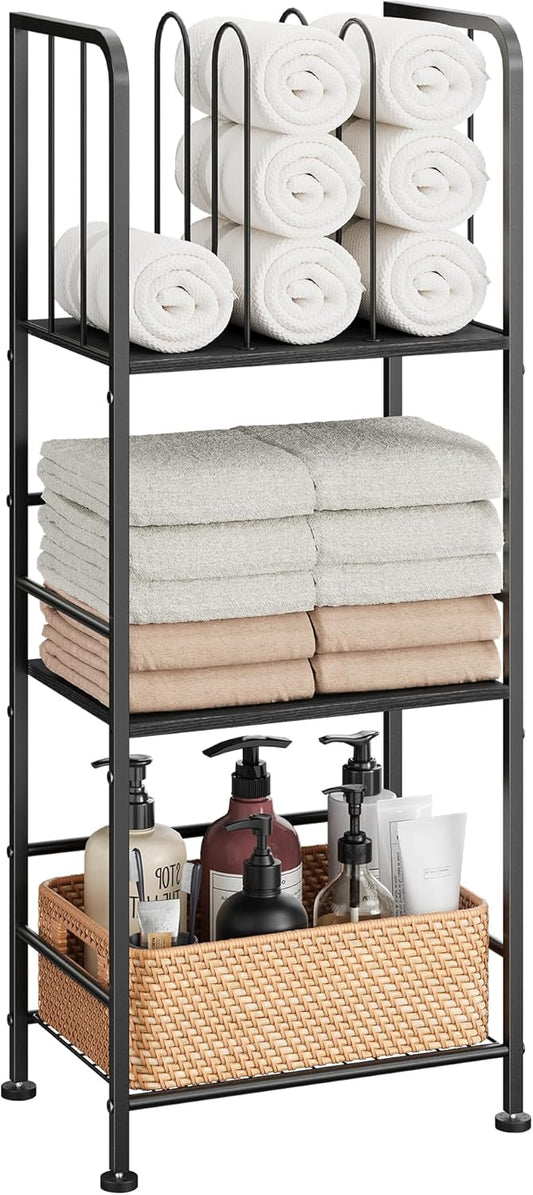 Towel Rack Free Standing 3-Tier M-Shaped Detachable Dividers, Durable Metal Holder, Pool Towel Rack, Space-Saving Towel Storage Organizer, Modern Bath Towel Shelf for Home, Poolside, Black