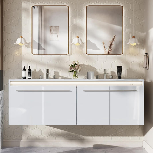 AMERLIFE 60" LED Floating Bathroom Double Vanity with Sink Combo, Modern High Gloss Wall Mounted Bathroom Storage Cabinet with 3 Hole Sink & & Metal Handles & Soft Closing Doors, White