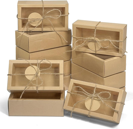30 Sets Kraft Paper Cardboard Boxes, 6.5x 3.5x 2 Inches Gift Boxes with Clear Window, Homemade Soap Box with Blank Tags and Jute String, Small Gift Boxes for Jewelry, Candy, Wrapping Party Favor