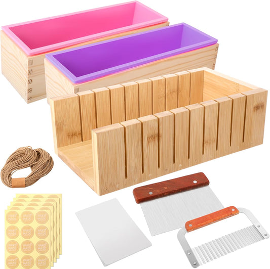 Honeydak 2 Pcs Silicone Soap Molds Making Kit 42 oz Silicone Loaf Soap Mold Set with Stainless Steel Wavy & Straight Slicer 50 Bags 60 Stickers 32. 8 ft Rope for Homemade Craft Making Supplies