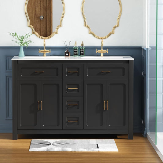 48" Bathroom Vanities with Sink Combo Modern Thickened Wood Bathroom Storage Cabinet Undermount Double Sink, with 4 Soft Closing Doors & 4 Drawers,Black