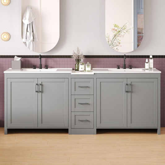 84 Inch Bathroom Vanity with Double Sink,Large Double Sink Vanities with 3 Drawers Storage Cabinet,Intergrated Ceramic & Middle Quartz Countertop,Adjustable Shelves,Soft Close Hinges,Grey,6004G