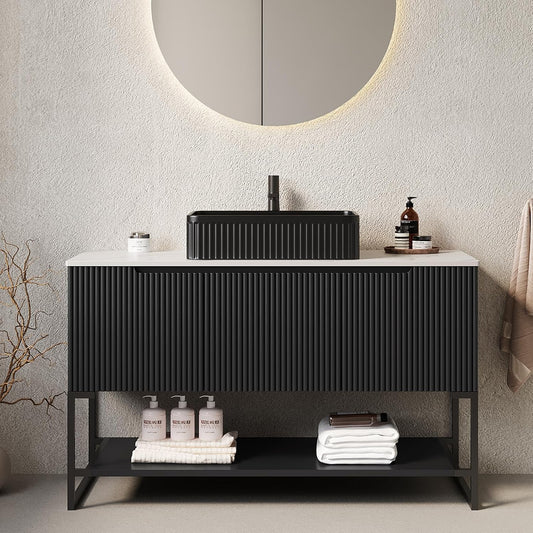 48" Black Bathroom Vanity with Sink, Freestanding Modern Bathroom Vanity with 3 Doors and Open Shelf, Black Rectangular Ceramic Basin and White Sintered Stone Counter Top