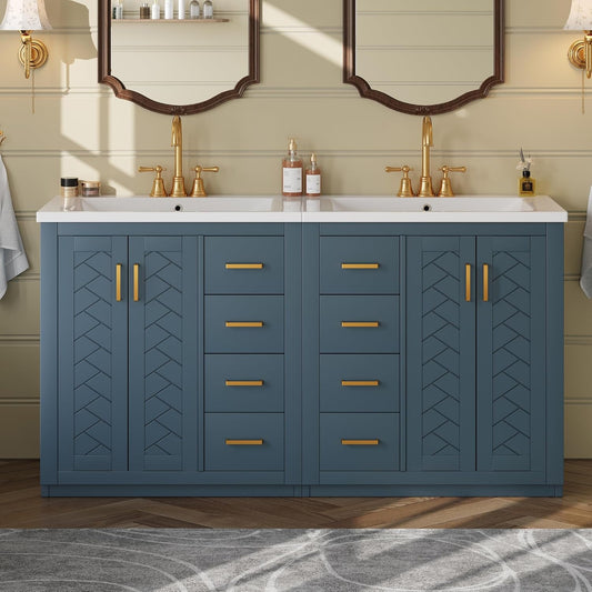 60 Inch Blue Bathroom Vanity with Double Sink,Modern Double Sink Vanity with 6 Drawers & 2 Spacious Cabinets,Soft Closing Doors with Gold Handles,Solid Wood Frame,Herringbone Front(2*30 Inch)