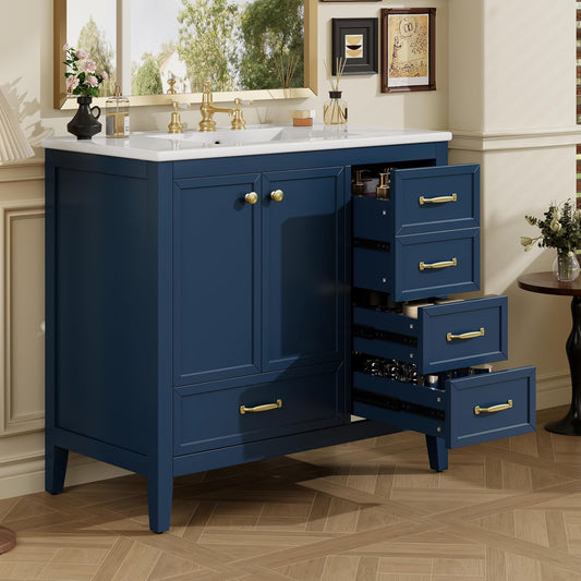 36" Bathroom Vanity with Sink,Freestanding Single Storage Cabinet with Soft-Closing Door and 4 Drawers,Bathroom Vanities w/Solid Wood Frame and Leg,Easy Assembly,Blue
